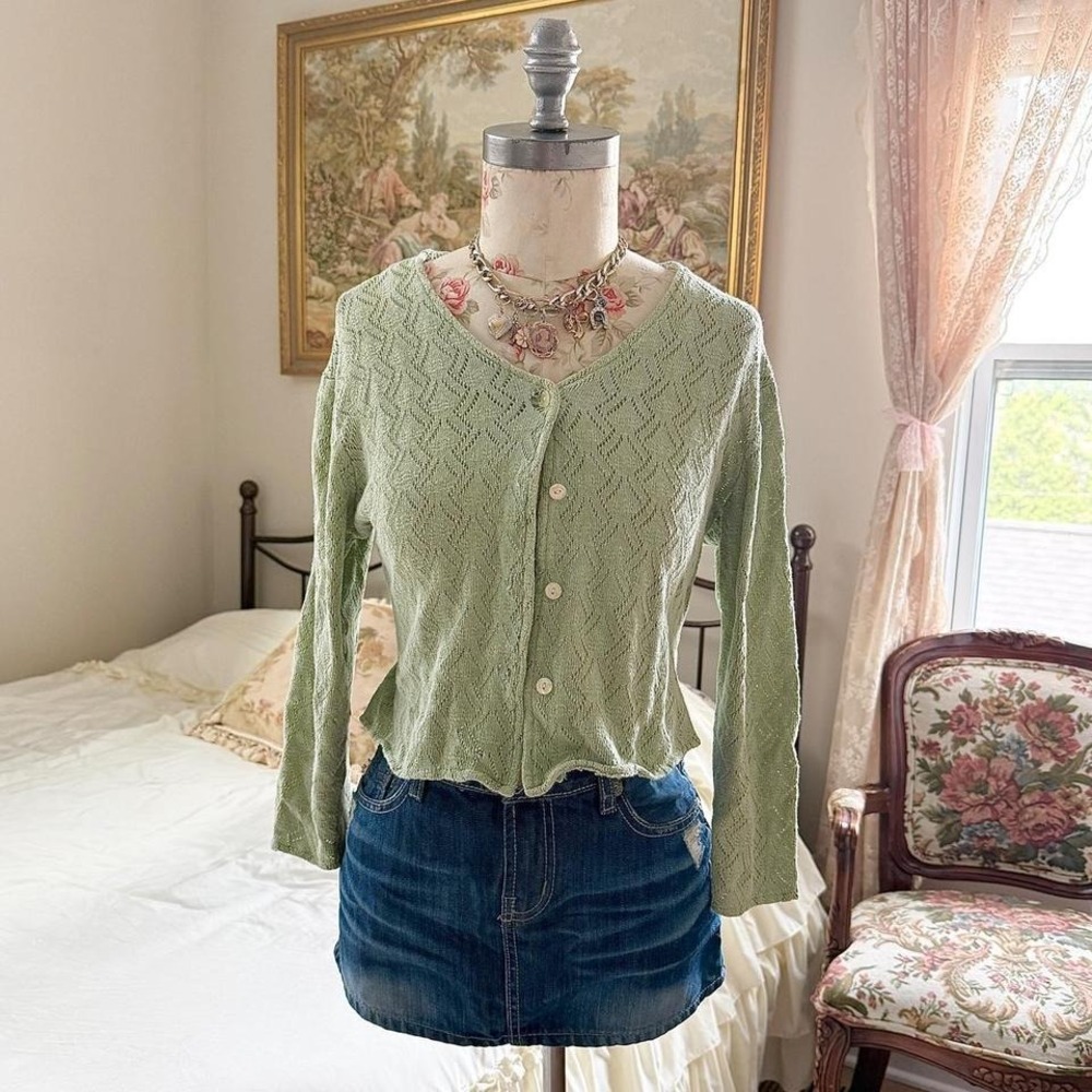 Y2K Notations small green pointelle cardigan top‎